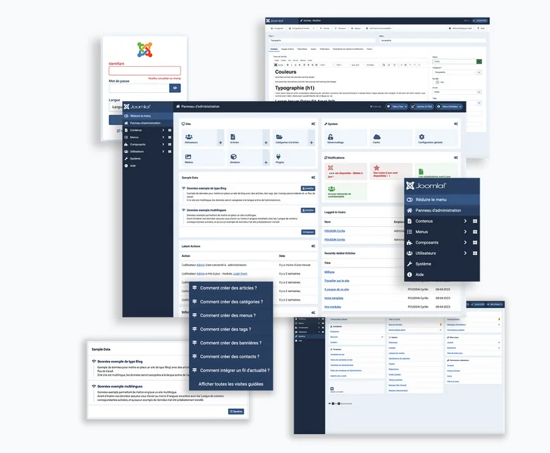 various screens of joomla